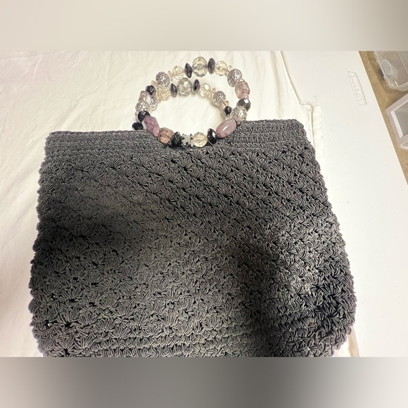 CAPPELLI WOVEN BAG WITH JEWELED HANDLES OF BLACK, SILVER & CLEAR BEADS - Picture 1 of 9